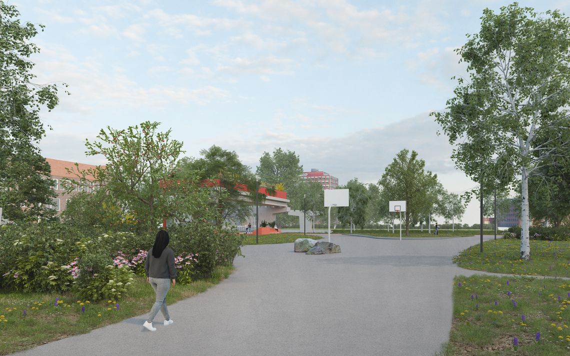 Ontwerp van het Geheugenpaviljoen met een basketbalveld, enkele bomen en een persoon die wandelt.