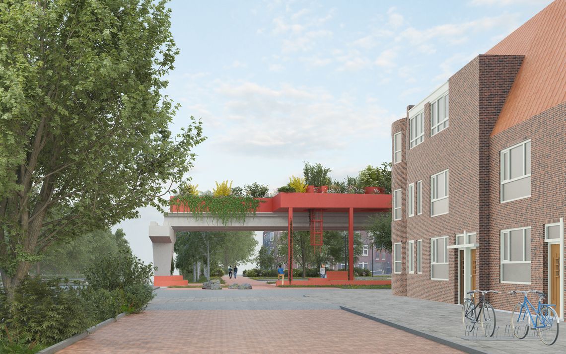 Ontwerp van het Geheugenpaviljoen met enkele bomen, huizen, fietsen en personen die wandelen.